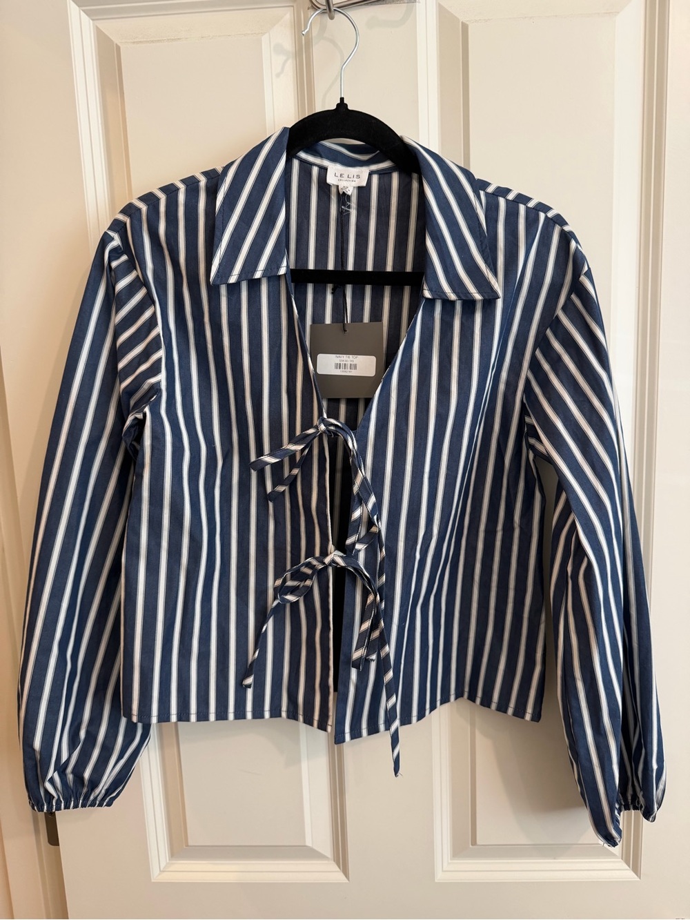 Lelis navy and white striped tie long sleeve 100% cotton top. Size xs, new